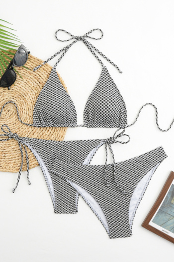 sexy 4 colors checkered padded halter-neck lace-up three-piece swimwear