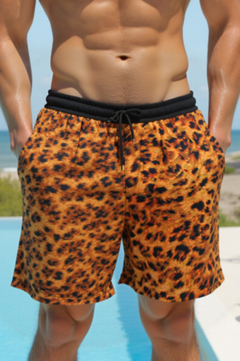 men plus size leopard print tie-waist pocket with lined casual beach shorts