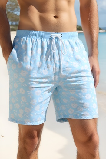 men plus size floral print tie-waist pocket with lined casual beach shorts