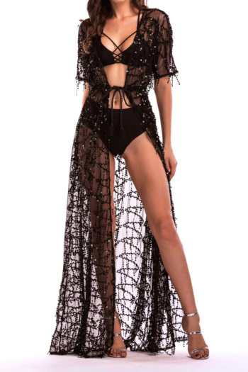 sexy slight stretch see-through mesh sequins tassel cover-up (only cover-up)