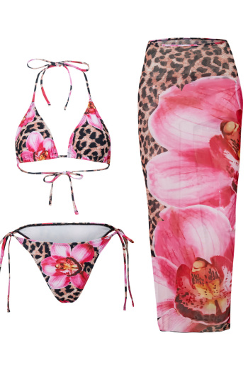xs-l sexy leopard and flower print padded mesh skirt three-piece swimwear
