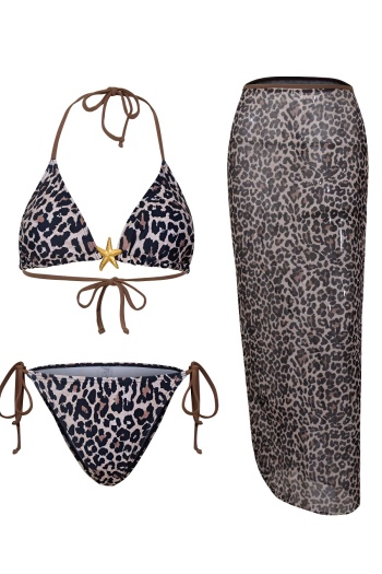 sexy leopard print starfish decor padded mesh skirt three-piece swimwear