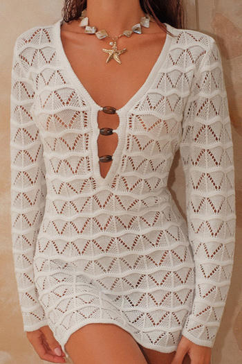 sexy cut out knitted beading v-neck long sleeve beach dress cover-up(only dress)