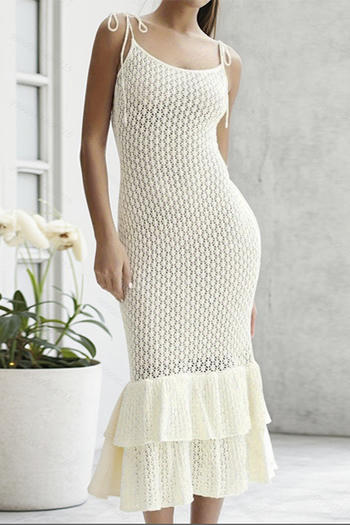 sexy cut out knitted tie-shoulder ruffle midi dress cover-up(only dress)