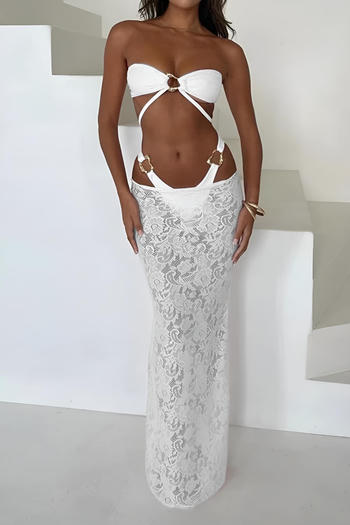 sexy metallic ring linked padded see through lace skirt three-piece swimsuit