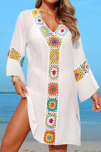 stylish 3 colors cut out crochet v-neck loose beach dress cover-up(only dress)