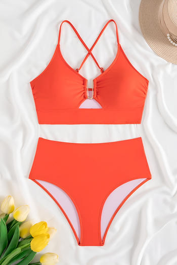 sexy solid color removable padding high waist backless sling tankini set