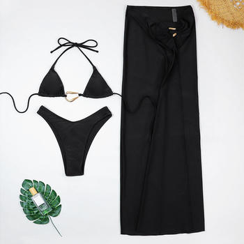 sexy 4 colors metallic ring linked padded three-piece swimsuit