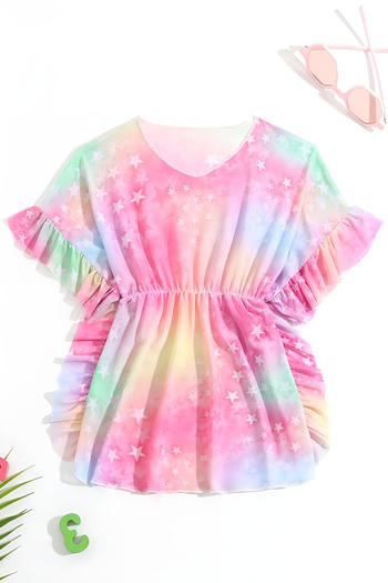 girls stylish gradient color pentagram print mesh ruffle dress cover-up