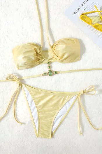 sexy rhinestone decor holographic removable padding halter-neck bikini set