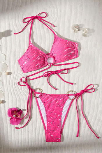 sexy polka dot padded ring linked padded halter-neck lace-up bikini set