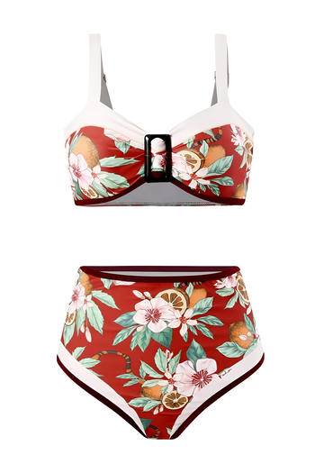 stylish retro floral printing removable padding high waist tankini set