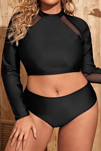 stylish plus size mesh stitching padded long sleeve two-piece swimwear