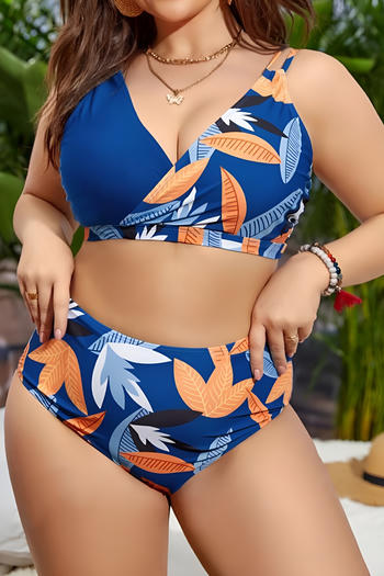 stylish plus size 4 colors leaf printing padded high waist tankini set
