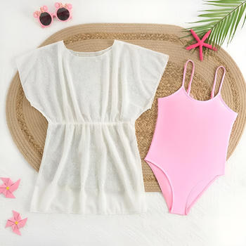 girl teen stylish padded sling one-piece swimsuit with mesh cover-up