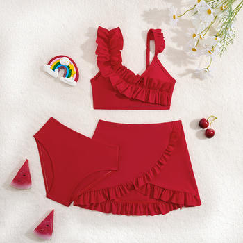 girls teen stylish pure colour padded ruffle mini skirt three-piece swimsuit