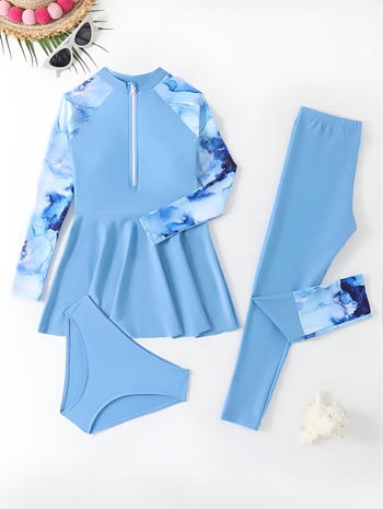 girl teen stylish padded long sleeve zip-up three-piece swimsuit