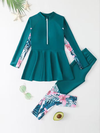 girls teen stylish floral printing padded long sleeve surfing two-piece swimsuit