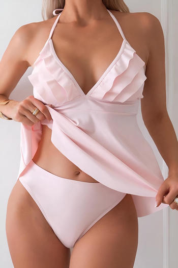 stylish solid colour padded halter-neck lace-up ruffle tankini set