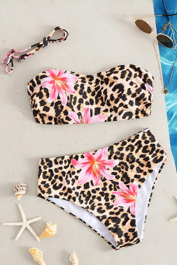 sexy leopard and flower printing padded removable straps high waist bikini set