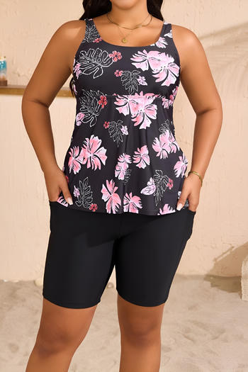 stylish plus size flower printing padded pocket boxes tankini set