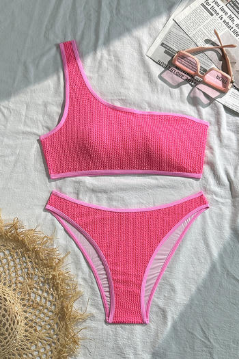 stylish textured color-block padded one shoulder tankini set