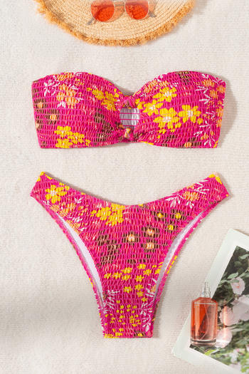 sexy 3 colors floral printing padded smocked hollow bandeau bikini set