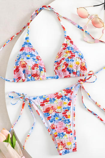 sexy floral printing padded smocked halter-neck triangle bikini set