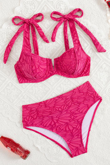 sexy jacquard padded underwire tie-shoulder high waist tankini set