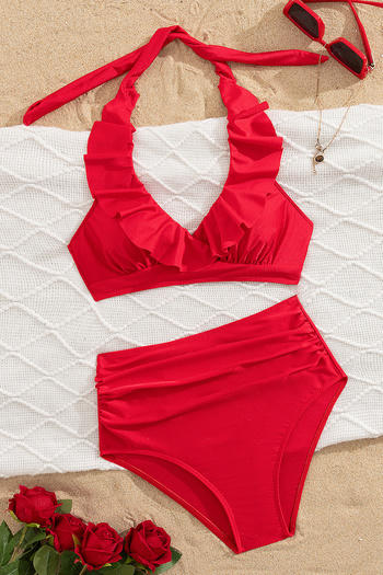 stylish pure colour padded halter-neck ruffle high waist tankini set