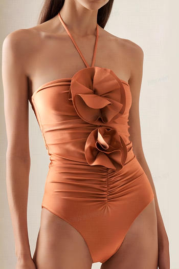 sexy chic 3d flower decor solid color padded halter-neck one-piece swimsuit