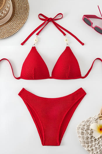 sexy textured solid colour non-removable padding beading halter-neck bikini set