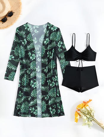 sexy removable padded leaf printing mesh cover-up three-piece swimsuit