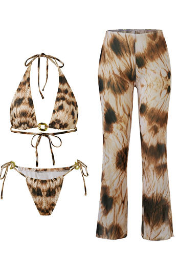 sexy graphic printing padded ring linked beach pants three-piece swimsuit