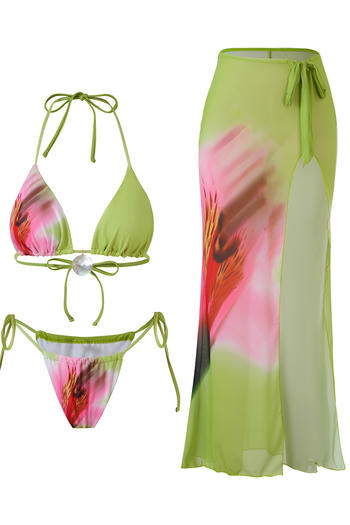 sexy flower printing padded mesh skirt three-piece swimsuit