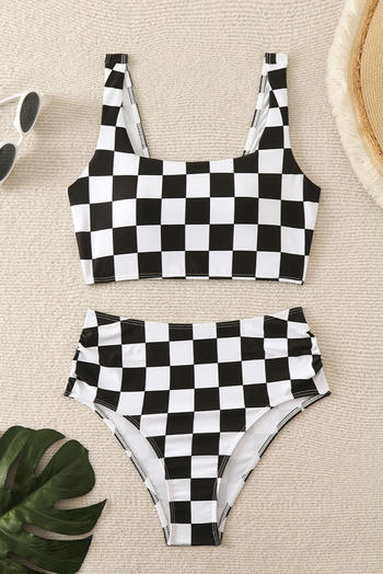 stylish retro lattice print padded high waist backless sling tankini set