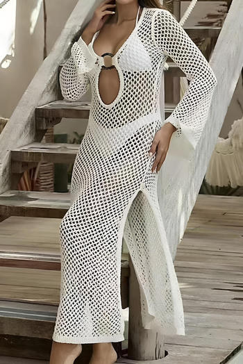 sexy cut out knitted ring linked long sleeve beach dress cover-up(only dress)