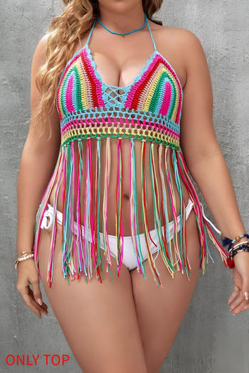 sexy plus size cut out color-block knitted tassel halter-neck vest cover-up(only vest)