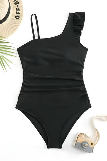 girls teen stylish pure colour non-padded ruffle one-piece swimsuit