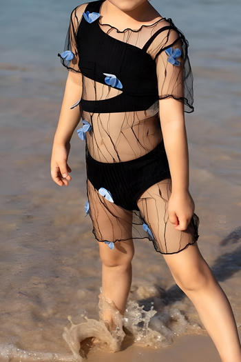 girls stylish non-padded see through mesh applique cover-up three-piece swimsuit