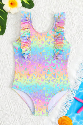 girls cute gradient colour printing non-padded ruffle one-piece swimwear