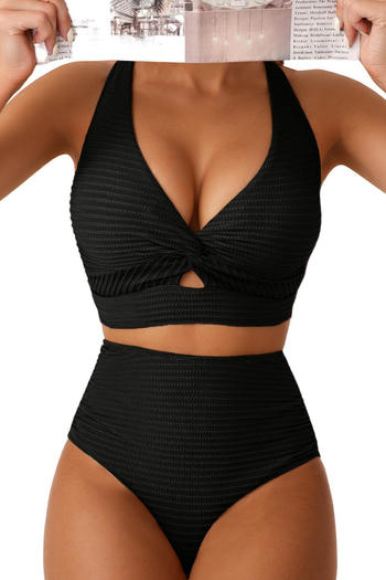 stylish textured solid color padded high waist tankini set