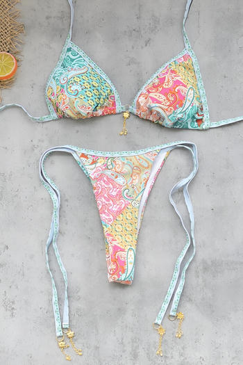 sexy paisley printing metallic pendant padded halter-neck triangle bikini set