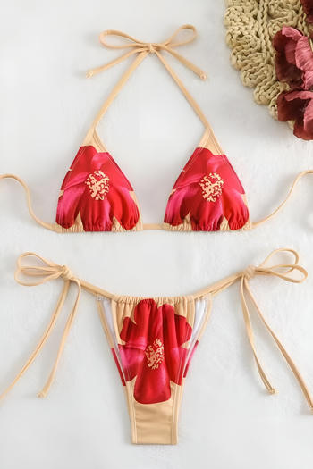 sexy classic floral print removable padding halter-neck triangle bikini set