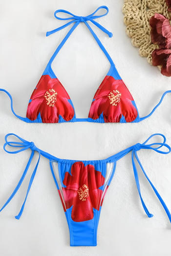 sexy floral print 4 colors removable padding halter-neck triangle bikini set