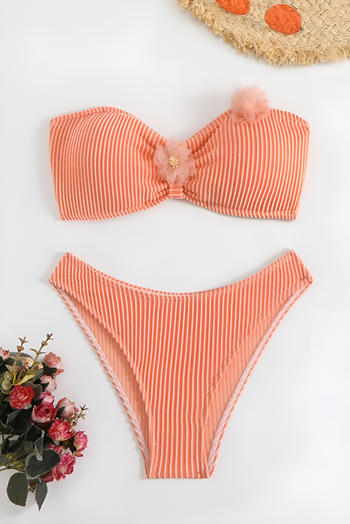 sexy 3d flower textured padded lace-up bandeau bikini set