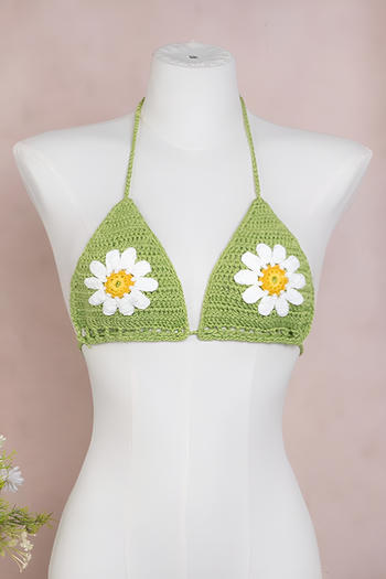 sexy flower knitted non-padded halter-neck lace-up triangle bikini top