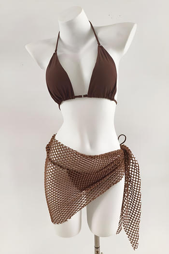 sexy pure colour removable padding hollow fishnet skirt three-piece swimsuit