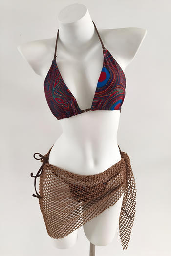 sexy digital print removable padding hollow fishnet skirt three-piece swimsuit