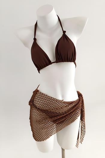 sexy solid colour removable padding hollow fishnet skirt three-piece swimsuit